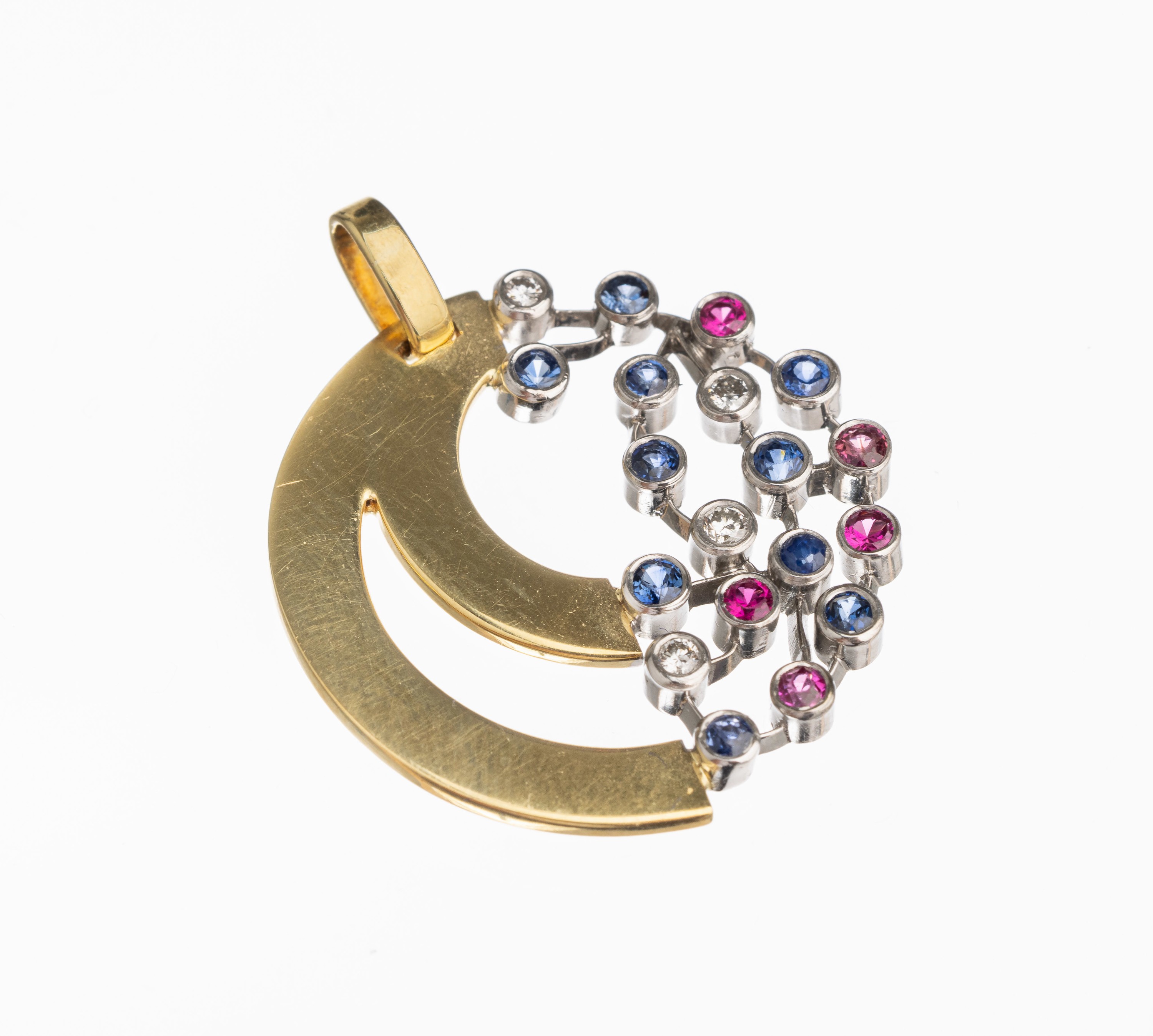 14 kt Gold Saphir Rubin Brillant Anhänger, GG/WG 585/000, in WG gefasste 10 rundfacett. Saphire zus. ca. 0.25 ct, 5 rundfacett. Rubinezus. ca. 0.15 ...