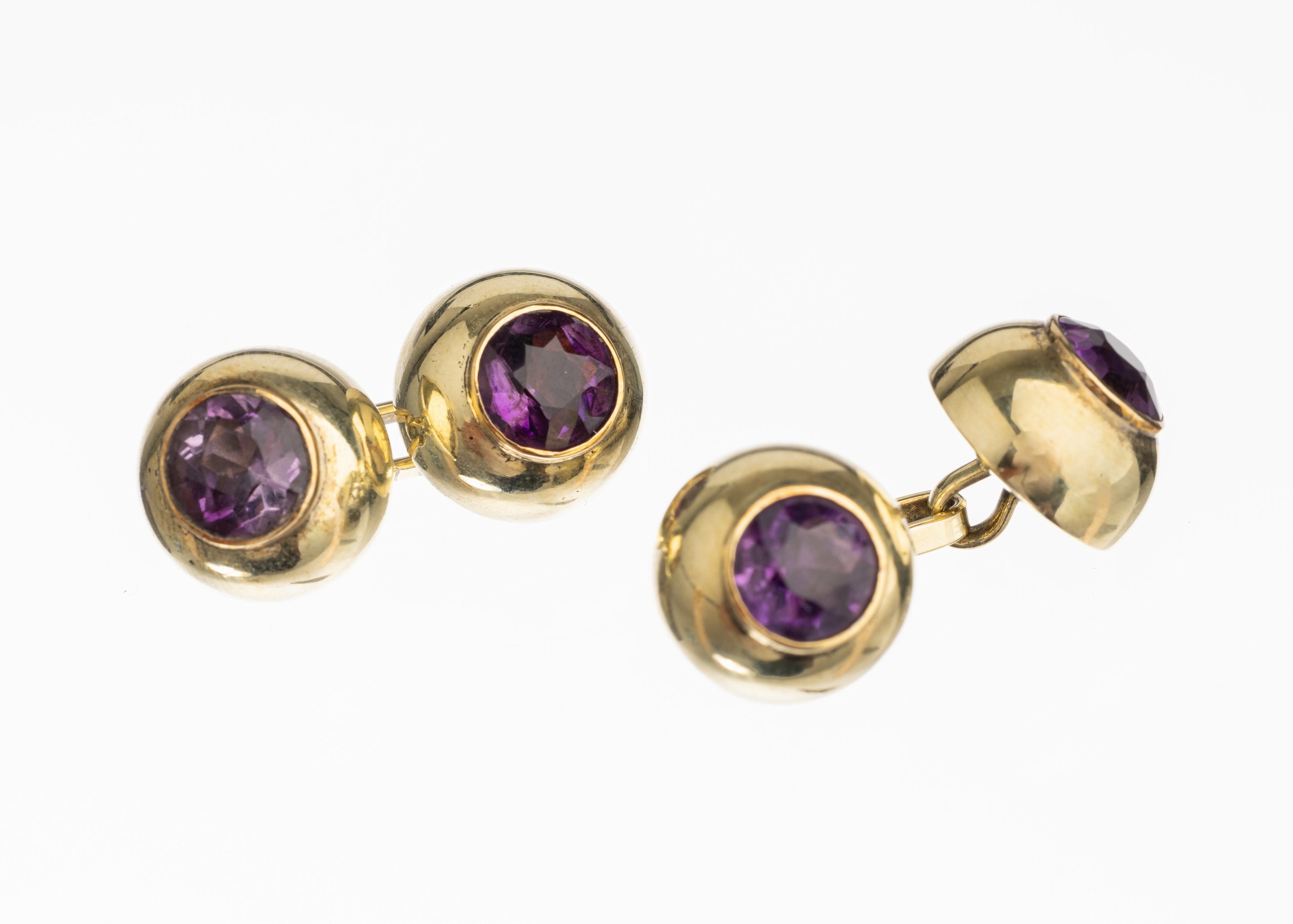 Paar 14 kt Gold Amethyst Manschettenknöpfe, GG 585/000, 4 rundfacett. Amethyste zus. ca. 4.0 ct, ca. 9 g