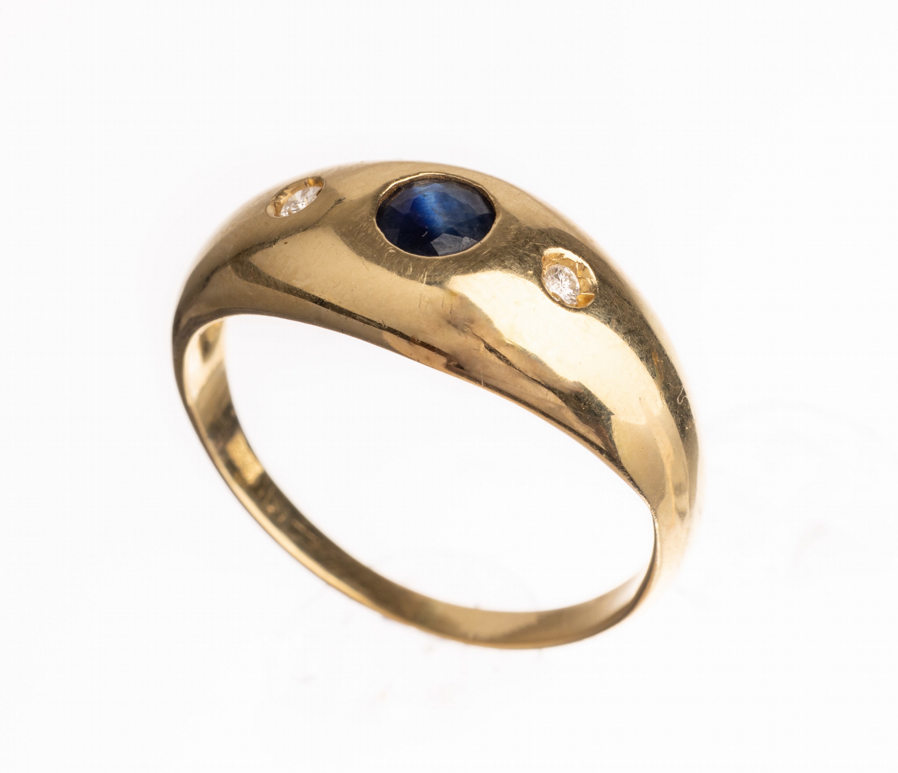 14 kt Gold Diamant-Saphir-Bandring, GG 585/000, rundfacett. Saphir, umgeben von 2 kl. Brillanten, RW 56, ca. 2.7 g