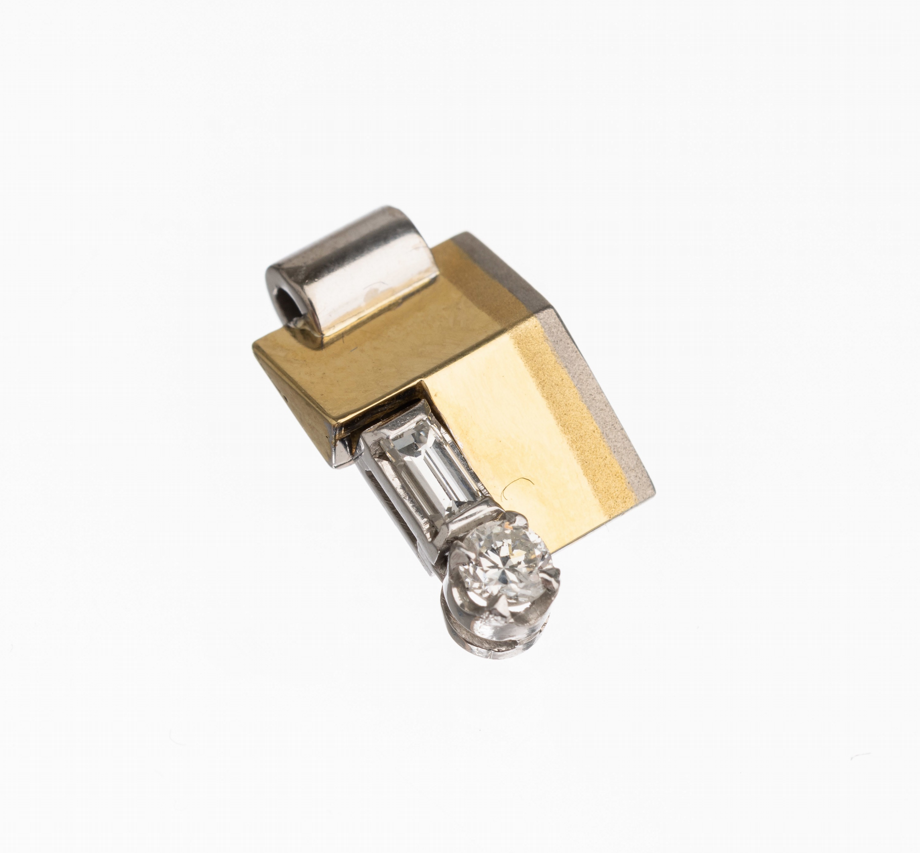 14 kt Gold Diamant Anhänger, GG/WG 585/000,1 Brillant und 1 Diamantbaguette zus. ca. 0.20 ct Weiß/si, ca. 3.3 g
