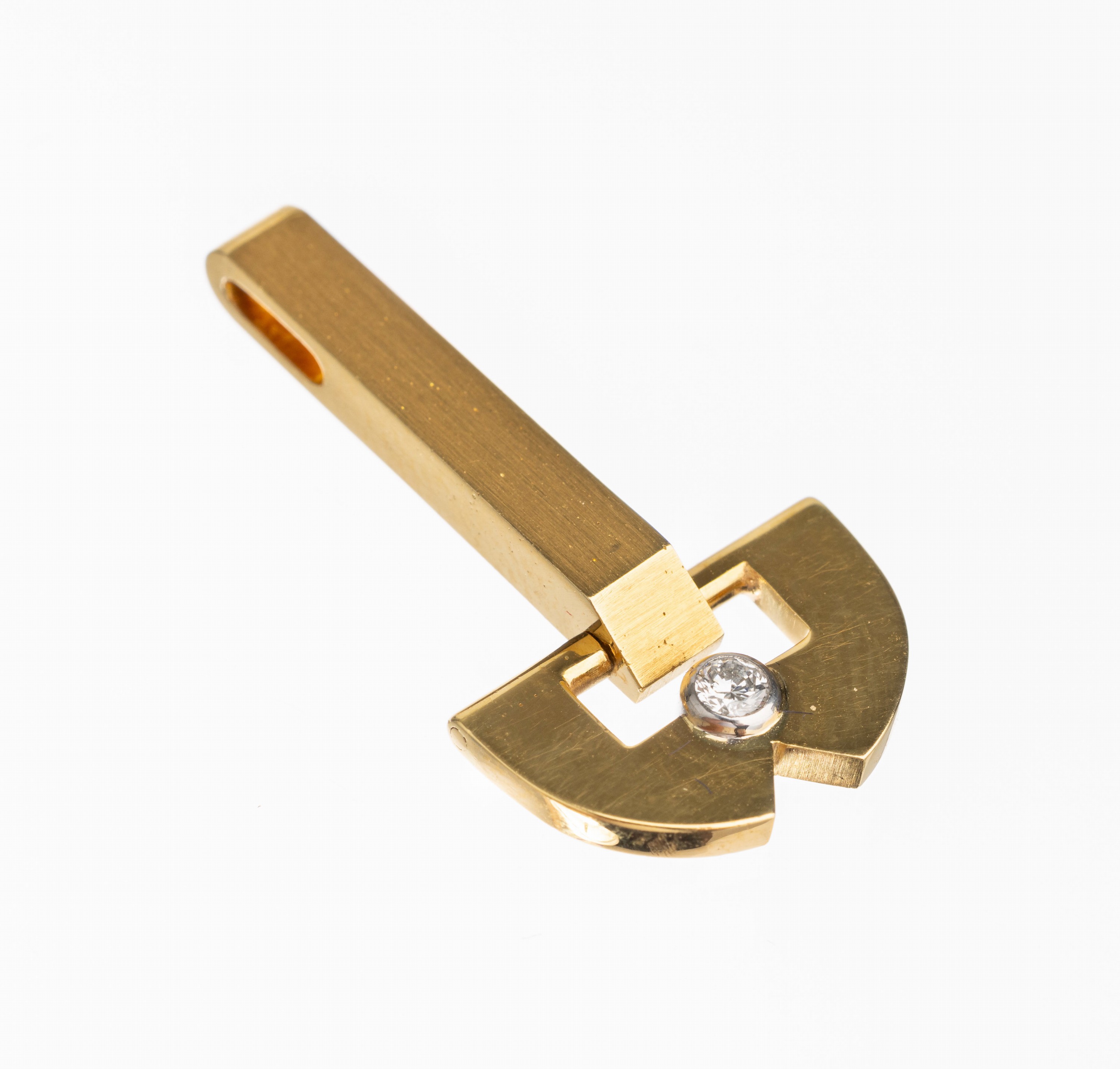 18 kt Gold Brillant Anhänger, GG 750/000, geom. Formgebung, mit einem Brillant ca. 0.04 ct Weiß/si, sat. und pol., ca. 4.9 g