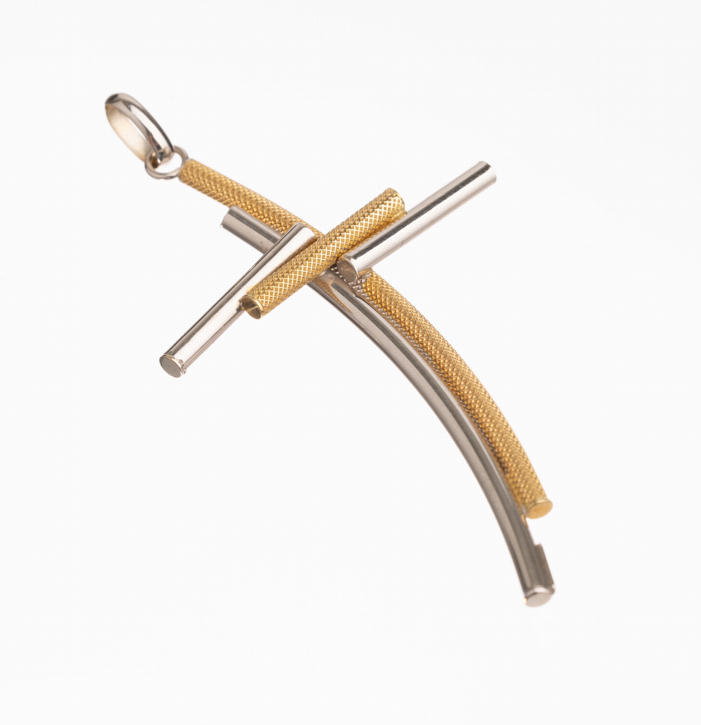 Ausgefallenes 18 kt Gold Kreuz-Anhänger, GG/WG 750/000, WG pol., GG strukt., L. ca. 7 cm, ca. 4.1 g