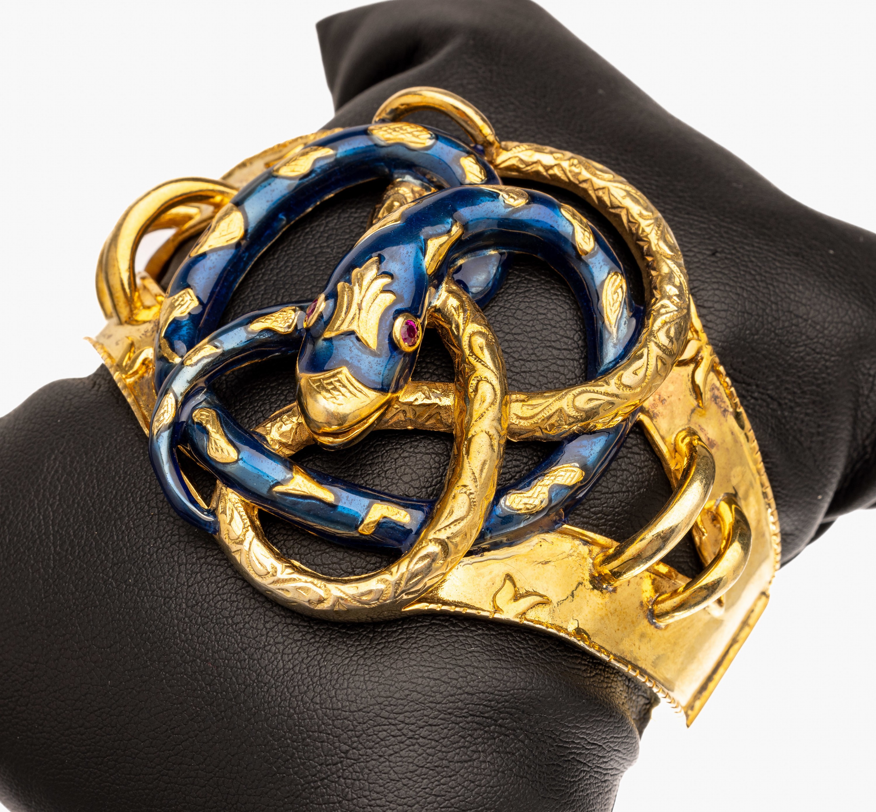 Biedermeier Email-Schlangen Armreif, deutsch/ Österreich um 1860er Jahre, Silber verg., Mittelteil in Form einer sich windenden Schlange, fein ...