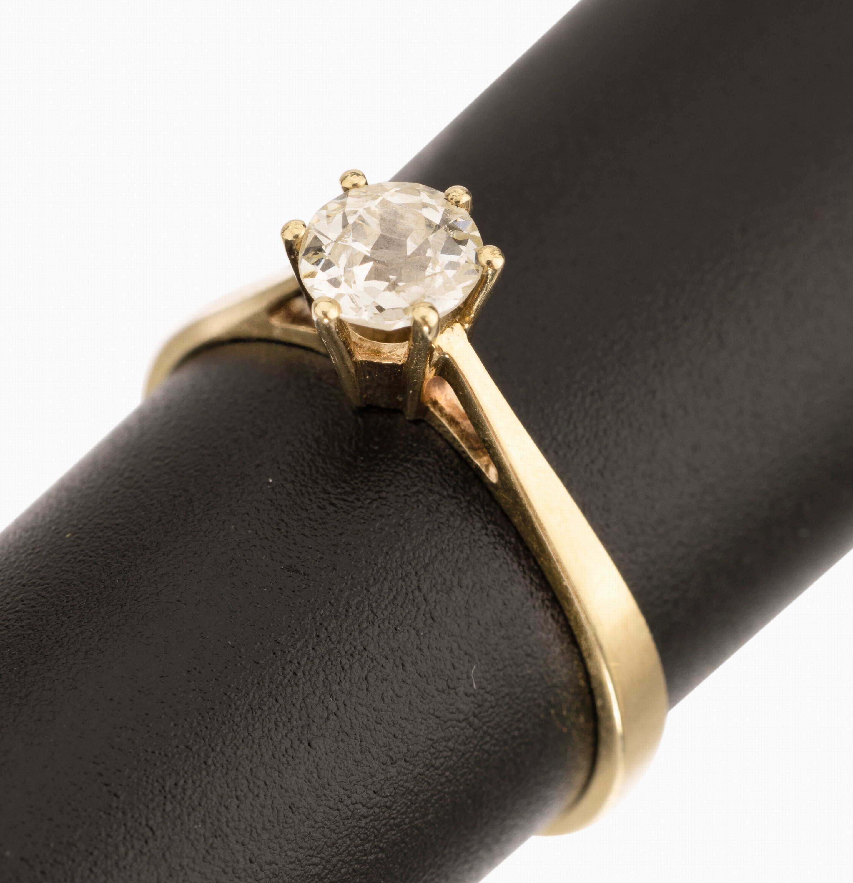 14 kt Gold Diamant-Ring, GG 585/000, Altschliffdiamant ca. 0.45 ct get.Weiß/p 1, (Rundiste besch.), RW 55, ca. 1.9 g