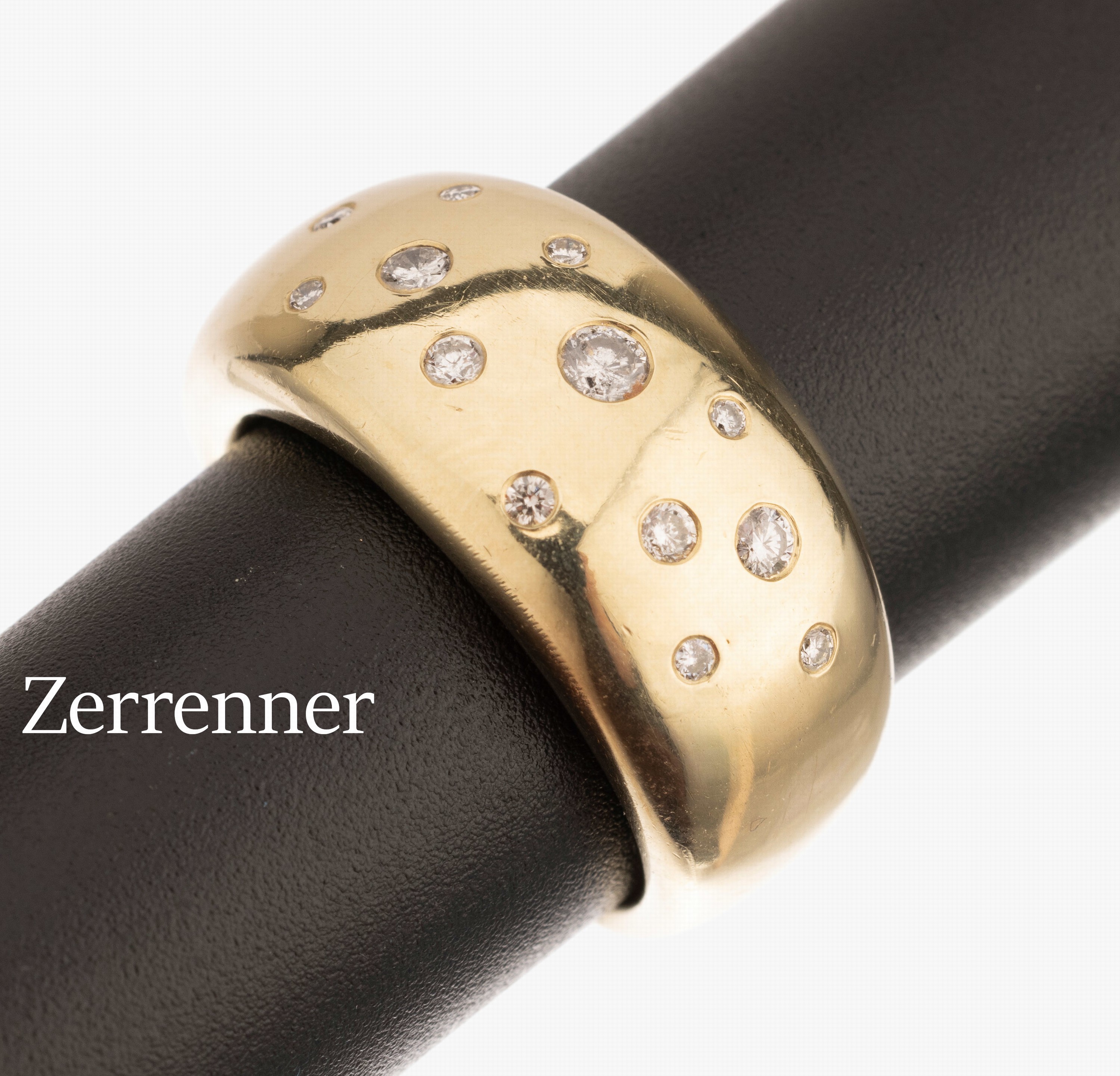 14 kt Gold Brillant-Ring, GG 585/000, 13 Brillanten zus. ca. 0.25 ct Weiß/si, RW 53, ca. 10.2 g, Meistermarke Zerrenner