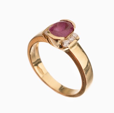 Image 18 kt gold ruby brilliant ring , YG 750/000,oval bevelled ruby approx. 0.90 ct, sideways ...