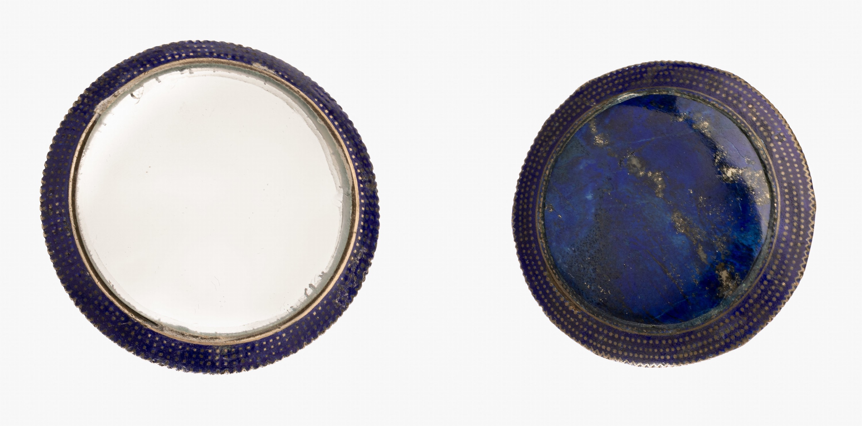 Detail a: Ring Set, Multan, mit Email und Lapislazuli, um 1900, Silber bzw. Kupfer, 1 x mit Lapislazulieinlage, 1 x mit Spiegeleinlage, z.T. besch., D. ...