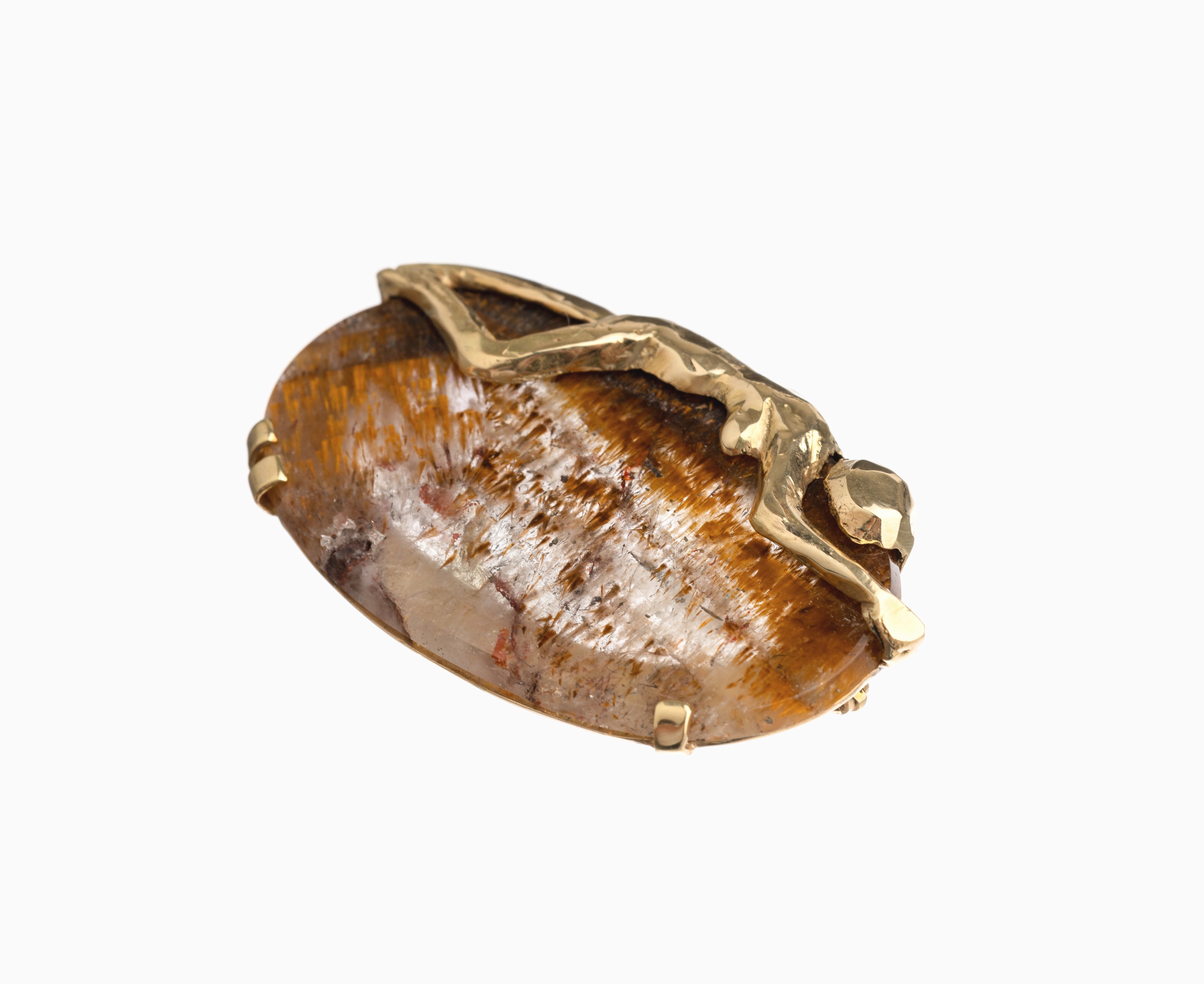 14 kt Gold Designer Achat Brosche, GG 585/ 000, ovaler Landschaftsachat mit aufgelegter Dame, L. ca. 4.5 cm, ca. 16.7 g