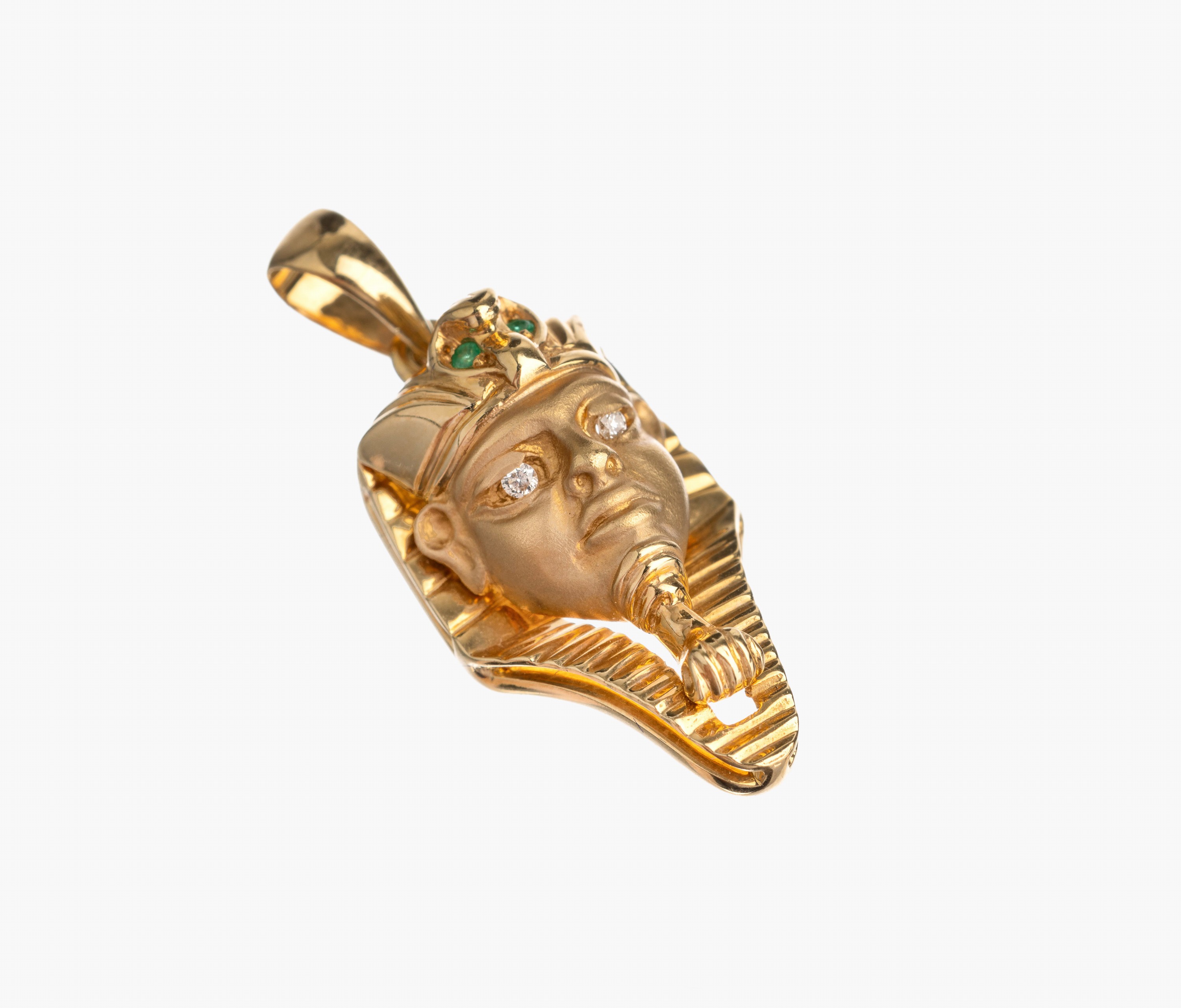 14 kt Gold Brillant Anhänger "Pharao", GG 585/000, teil sat. und pol., 2 kl. rundfacett.Smaragde, 2 Brillanten als Augen, L. ca. 2.2 cm ...