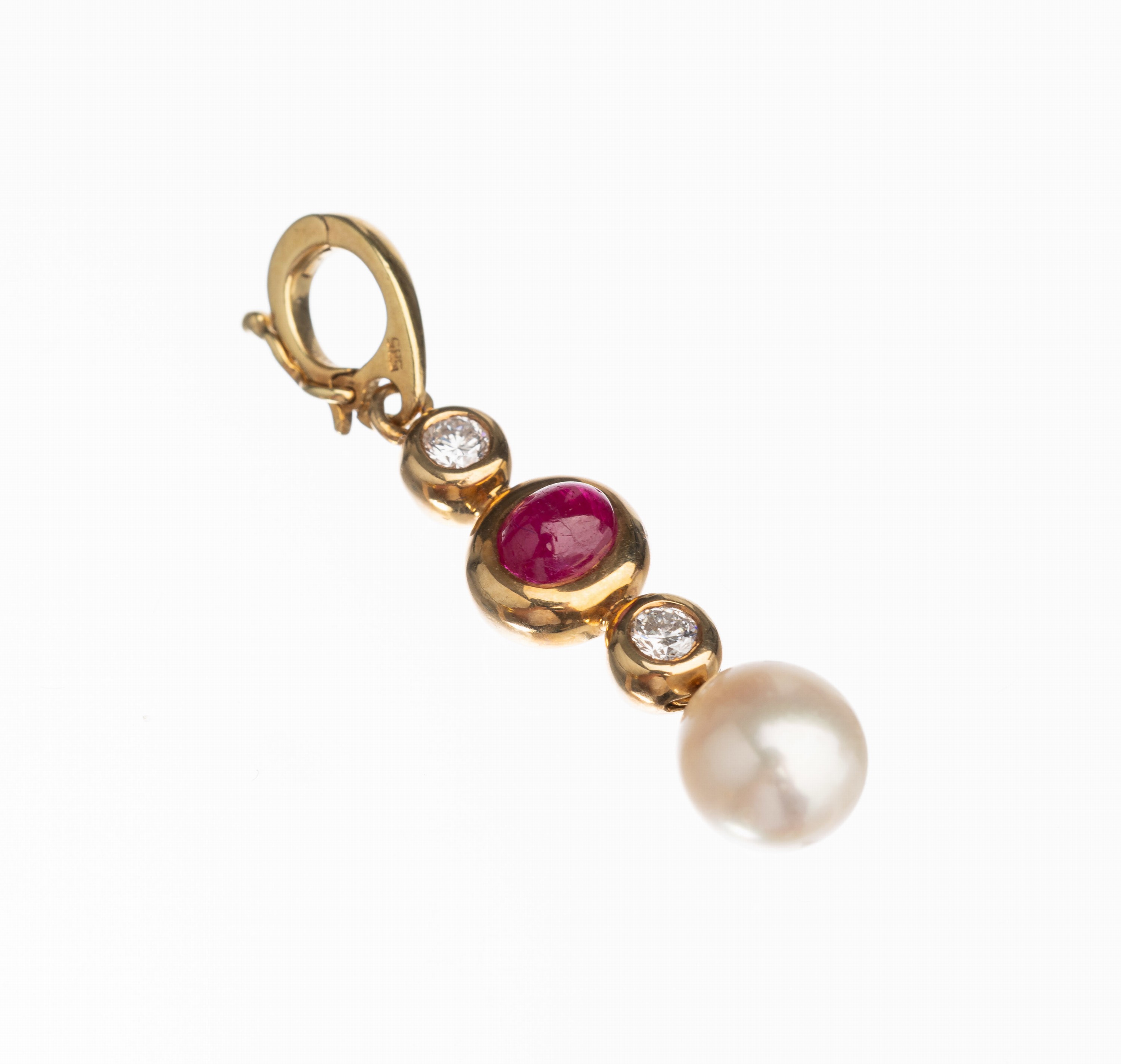 14 kt Gold Rubin Brillant Zuchtperl Clip- Anhänger, GG 585/000, Abhängung bewegl., ovalfacett. Rubin ca. 0.50 ct, 2 Brillanten zus. ca. 0.10 ct ...