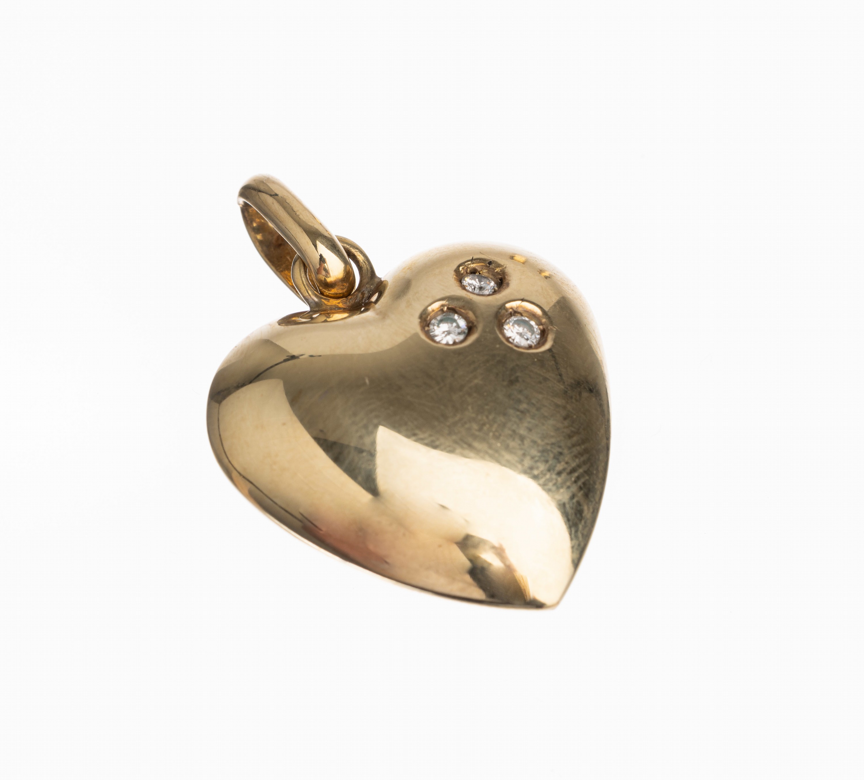 14 kt Gold Brillant Anhänger "Herz", GG 585/000, 3 Brillanten zus. ca. 0.09 ct Weiß/siL. ca. 2.5 cm, ca. 8.9 g