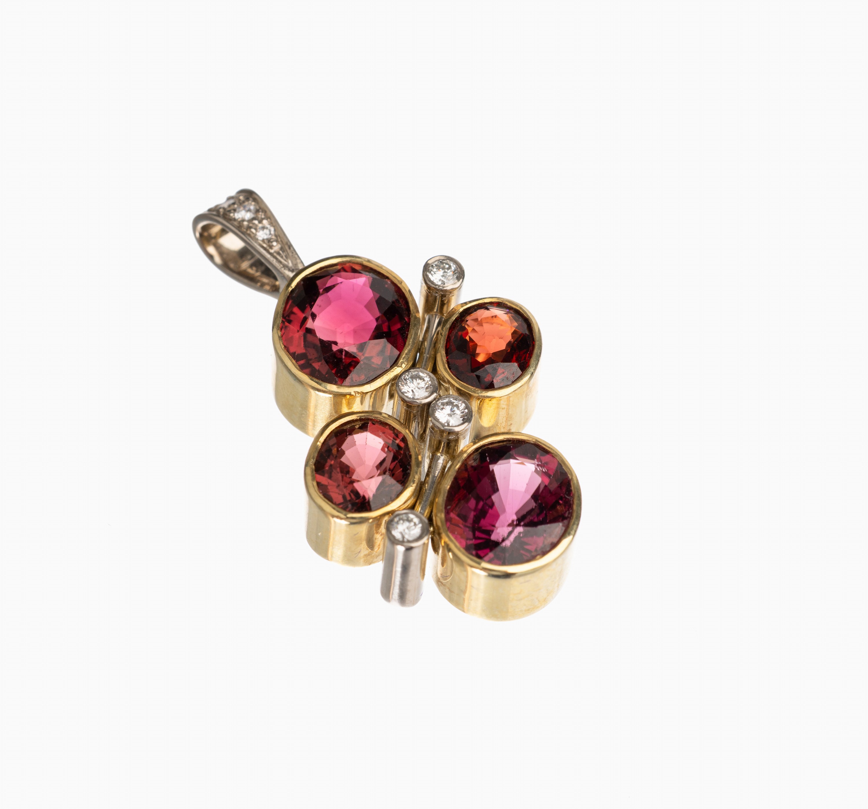 14 kt Gold Turmalin Brillant Anhänger, GG/ WG 585/000, 7 Brillanten in WG gefasst zus. ca. 0.20 ct feines Weiß/vs, 4 ovalfacett. Turmaline zus. ...