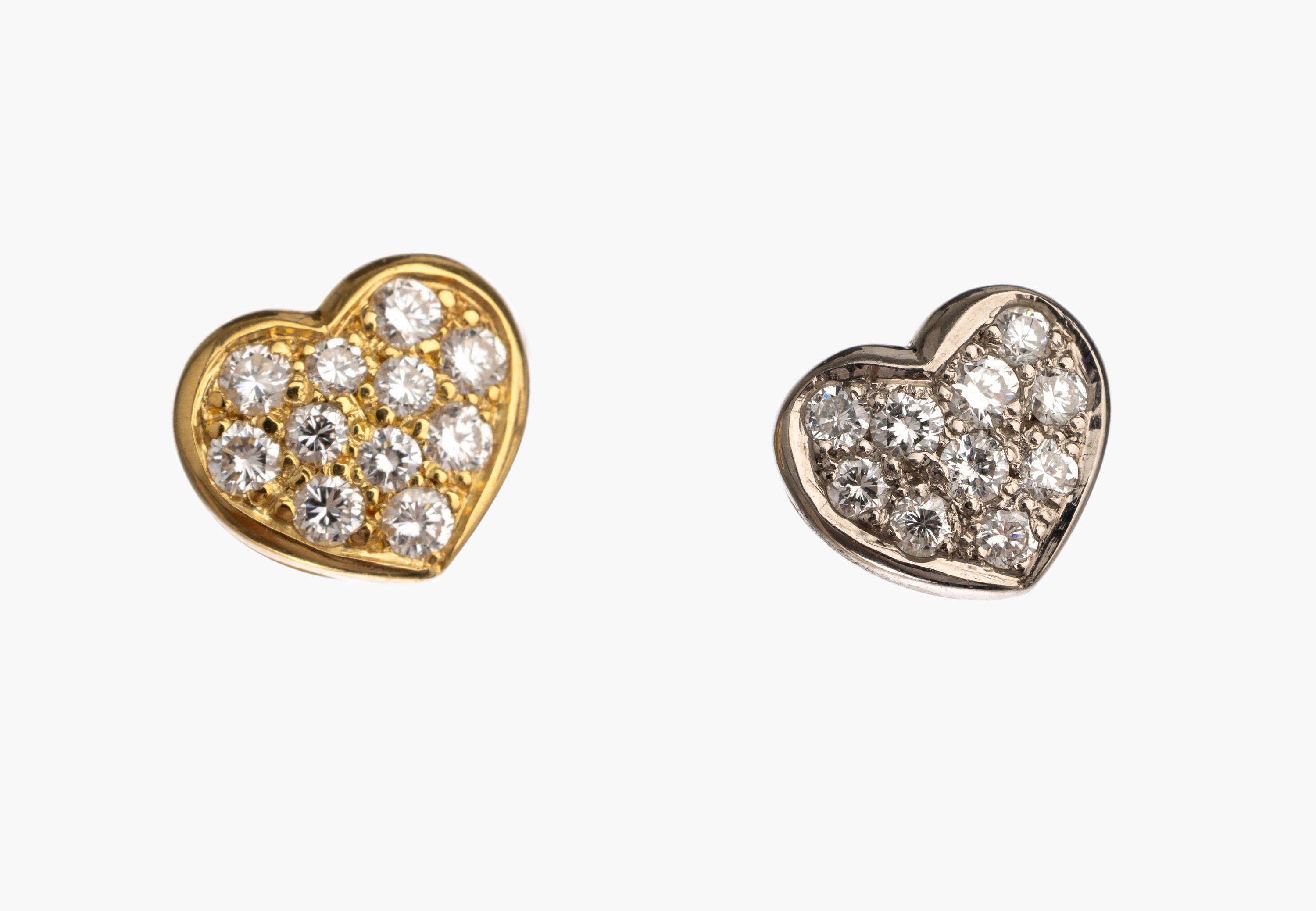 Paar 18 kt Gold Brillant Ohrstecker "Herz", GG/WG 750/000, 21 Brillanten zus. ca. 0.40 ct feines Weiß/vs, 1x GG und 1x WG, Brisuren GG ...