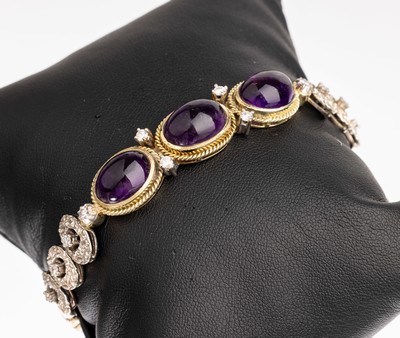 Image 14 kt gold amethyst-diamond-bracelet , YG/WG585/000, middle part with 3 oval amethyst- ...