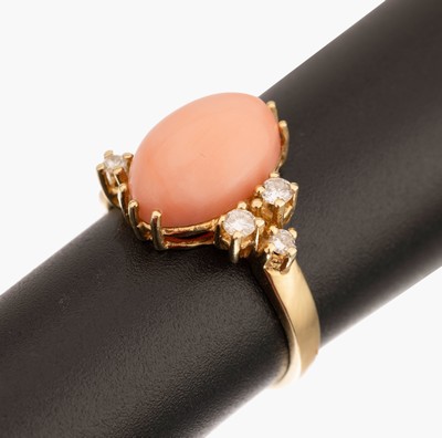 Image 14 kt gold coral-brilliant-ring , YG 585/000oval angel skin coral cabochon, 7 brilliants ...