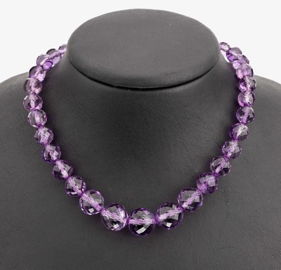 Image Amethyst necklace , magnetic clasp, silver 925 gilt, bevelled amethyst spheres tapering, ...