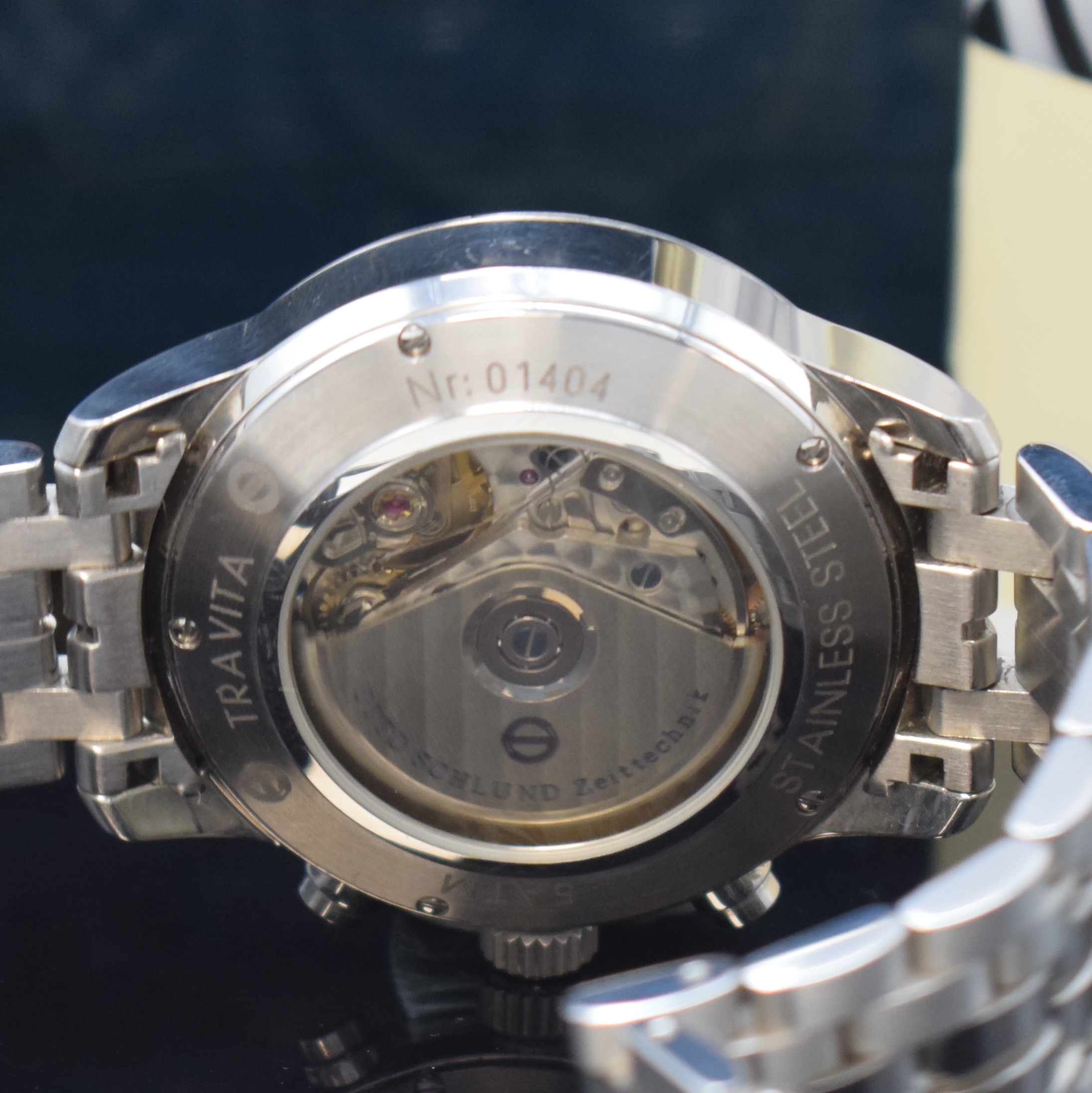 Detail e: OTTO SCHLUND Travita Herrenchronograph in Stahl, Deutschland verk. lt. beil. Pap. 12/2019, Automatik, beids. vergl. Geh. inkl. orig. Gliederband m. ...