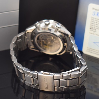 Image 26786143b - SEIKO Prospex to 1000 pieces limited chronograph in steel, Japan around 2019, self winding, on both sides glazed case including original bracelet with deployant clasp, screwed down case back, sapphire crystal, silvered dial with applied hour-indices, luminous hands, 12 hour-and 30 minutes- counter, constant second at 3, date, tachometer graduation, calibre 8R48A, 34 jewels, diameter approx. 41 mm, length approx. 21 cm, original box and teilausgef. papers enclosed, condition 1-2