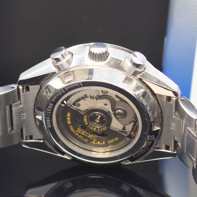 Image 26786143d - SEIKO Prospex to 1000 pieces limited chronograph in steel, Japan around 2019, self winding, on both sides glazed case including original bracelet with deployant clasp, screwed down case back, sapphire crystal, silvered dial with applied hour-indices, luminous hands, 12 hour-and 30 minutes- counter, constant second at 3, date, tachometer graduation, calibre 8R48A, 34 jewels, diameter approx. 41 mm, length approx. 21 cm, original box and teilausgef. papers enclosed, condition 1-2