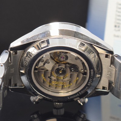Image 26786143e - SEIKO Prospex to 1000 pieces limited chronograph in steel, Japan around 2019, self winding, on both sides glazed case including original bracelet with deployant clasp, screwed down case back, sapphire crystal, silvered dial with applied hour-indices, luminous hands, 12 hour-and 30 minutes- counter, constant second at 3, date, tachometer graduation, calibre 8R48A, 34 jewels, diameter approx. 41 mm, length approx. 21 cm, original box and teilausgef. papers enclosed, condition 1-2