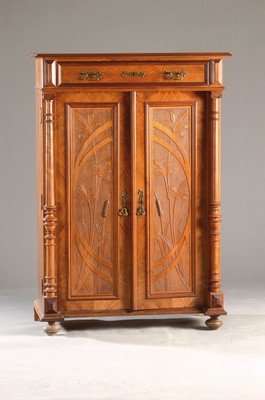 Image 26786190 - Vertiko, Art Nouveau, around 1910, walnut, 2 doors with carved floral decoration, one drawer, turned solid columns, approx. 139 x 97x 48 cm, without key, condition 2