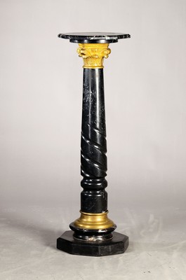 Image Large marble column, around 1900, black stone, with gold-plated capital on a base plate, ...