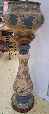 26786193a - Large flower pot/pot de fleur on a column, Villeroy & Boch, Mettlach, around 1900, lake or underwater landscape, light-colored ceramic shards with rich surrounding incised decoration of water lilies, fish and rich underwater flora, colorfully decorated, model no. 2427, stamp and model number. 2427 and 97, 08, H.ca. 130cm