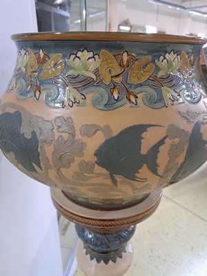 26786193e - Large flower pot/pot de fleur on a column, Villeroy & Boch, Mettlach, around 1900, lake or underwater landscape, light-colored ceramic shards with rich surrounding incised decoration of water lilies, fish and rich underwater flora, colorfully decorated, model no. 2427, stamp and model number. 2427 and 97, 08, H.ca. 130cm