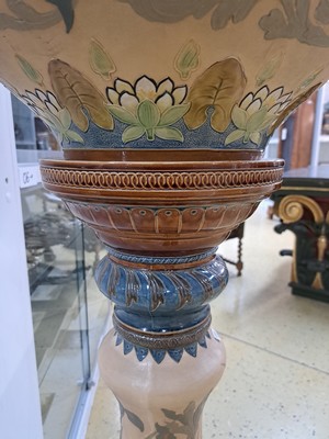 26786193f - Large flower pot/pot de fleur on a column, Villeroy & Boch, Mettlach, around 1900, lake or underwater landscape, light-colored ceramic shards with rich surrounding incised decoration of water lilies, fish and rich underwater flora, colorfully decorated, model no. 2427, stamp and model number. 2427 and 97, 08, H.ca. 130cm