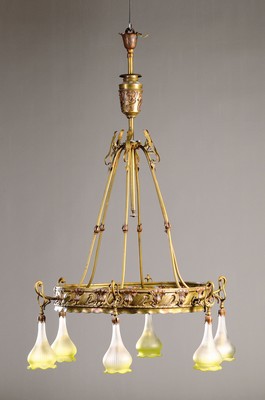 Image 26786196 - Large Art Nouveau ceiling lamp, around 1900, 6 burners, brass fittings, green glass shades, height approx. 138 cm, diameter approx. 82 cm, electrification not tested