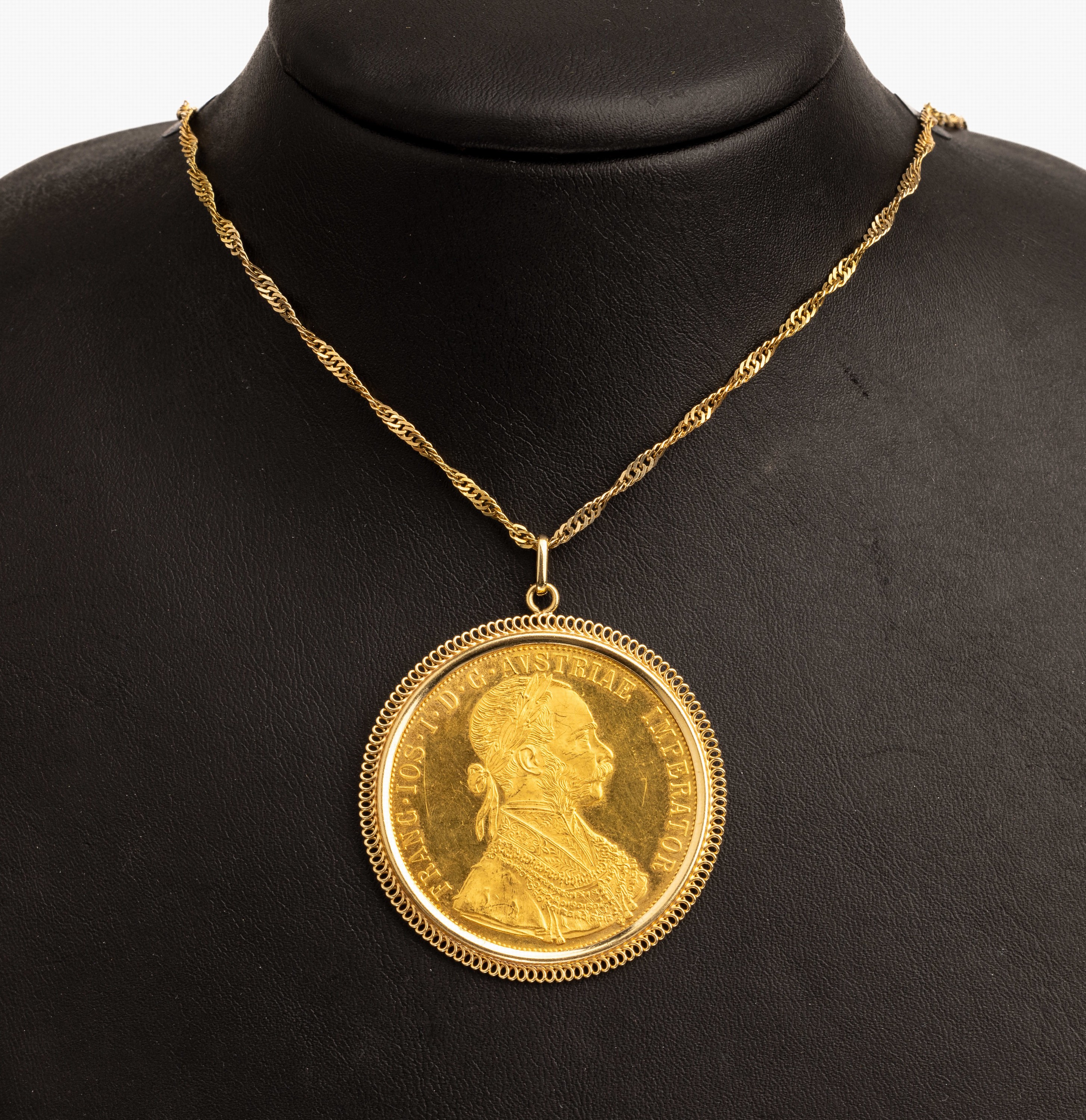 14 kt Gold Münz Anhänger, GG 585/000, Goldmünze: 4 Dukaten, 986er Gold, Österreich/Ungarn 1915, Franz Joseph I., offizielle Nachprägung, an 18 ...