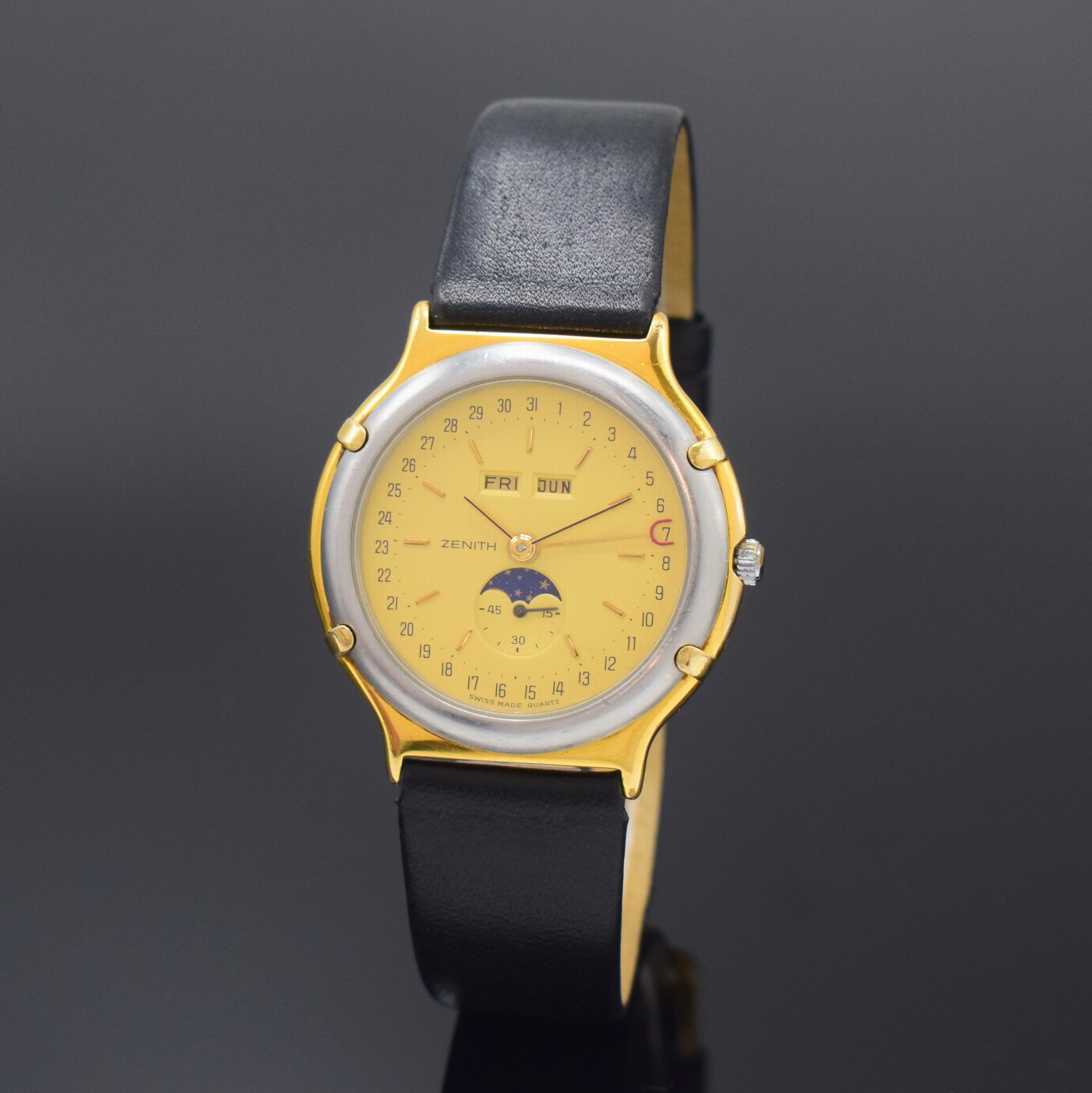 ZENITH Armbanduhr mit Vollkalender Referenz 19.0090.392, Schweiz um 1990, verg. Geh., Edelstahlboden aufgedr., quarz, Anz. v. Std., Min., kl. Sek., ...