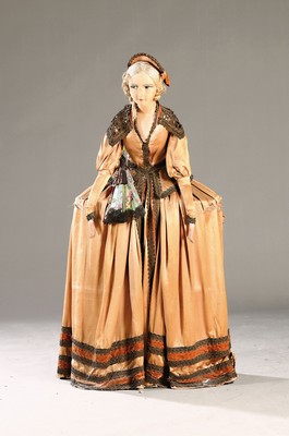 Image 26786296 - Boudoir doll, France, early 20th century, madeof wire frame, dress with borders, lace collar, damaged and stained, height 110 cm