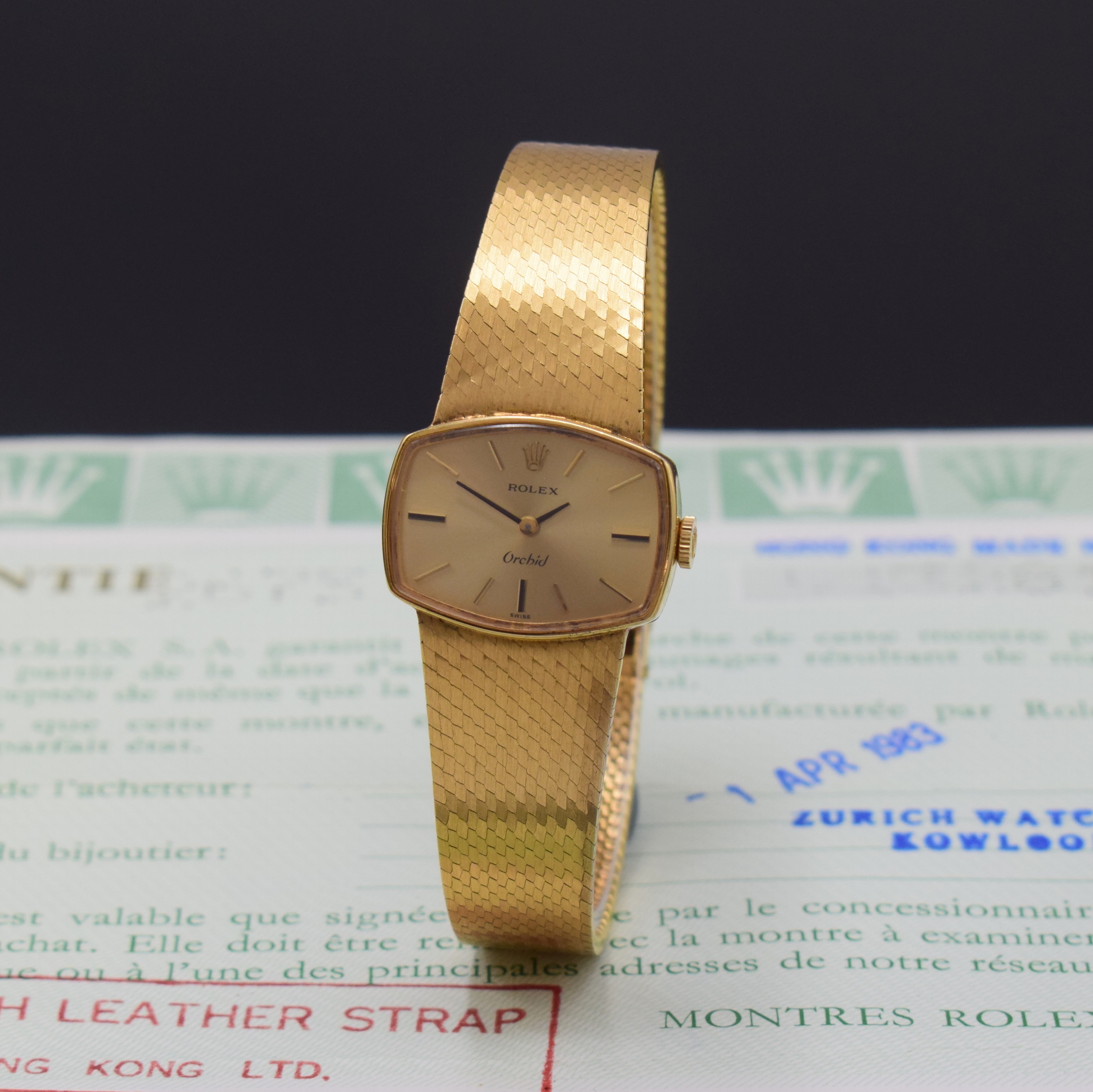 ROLEX Orchid Damenarmbanduhr in GG 750/000 Referenz 2675 an neutralem GG 750/000 Milanaiseband, Handaufzug, Boden aufgedr., gold. Zifferbl. m. ...