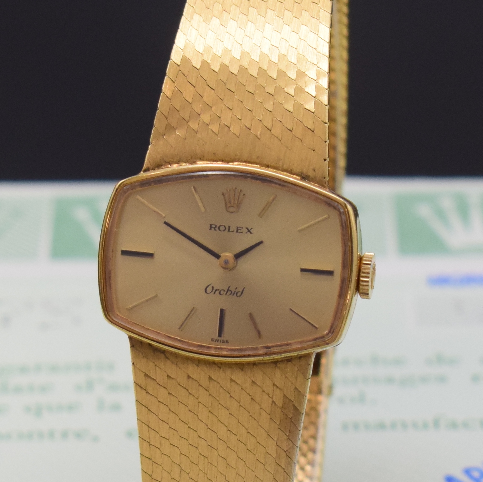 Detail a: ROLEX Orchid Damenarmbanduhr in GG 750/000 Referenz 2675 an neutralem GG 750/000 Milanaiseband, Handaufzug, Boden aufgedr., gold. Zifferbl. m. ...