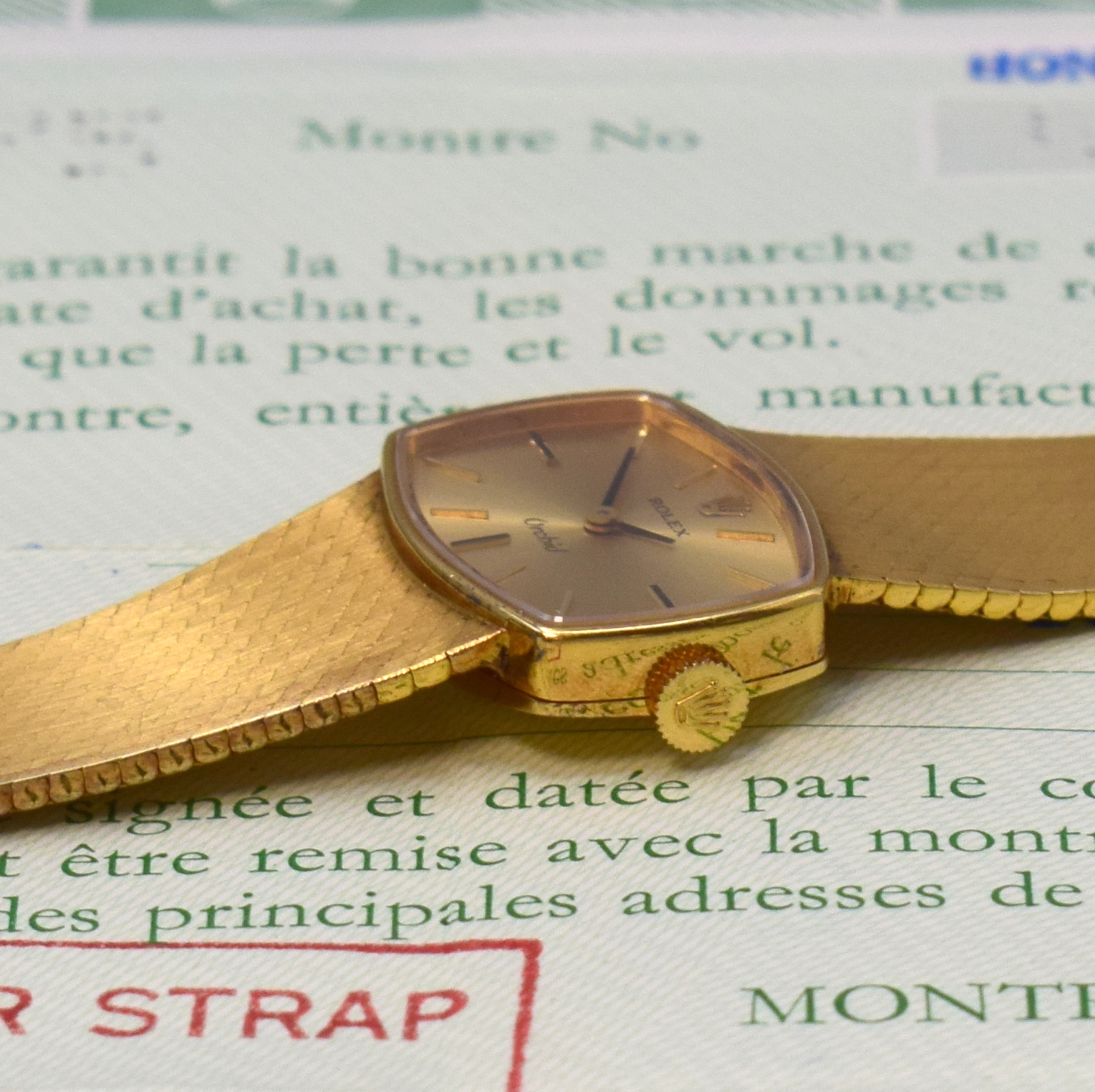 Detail c: ROLEX Orchid Damenarmbanduhr in GG 750/000 Referenz 2675 an neutralem GG 750/000 Milanaiseband, Handaufzug, Boden aufgedr., gold. Zifferbl. m. ...