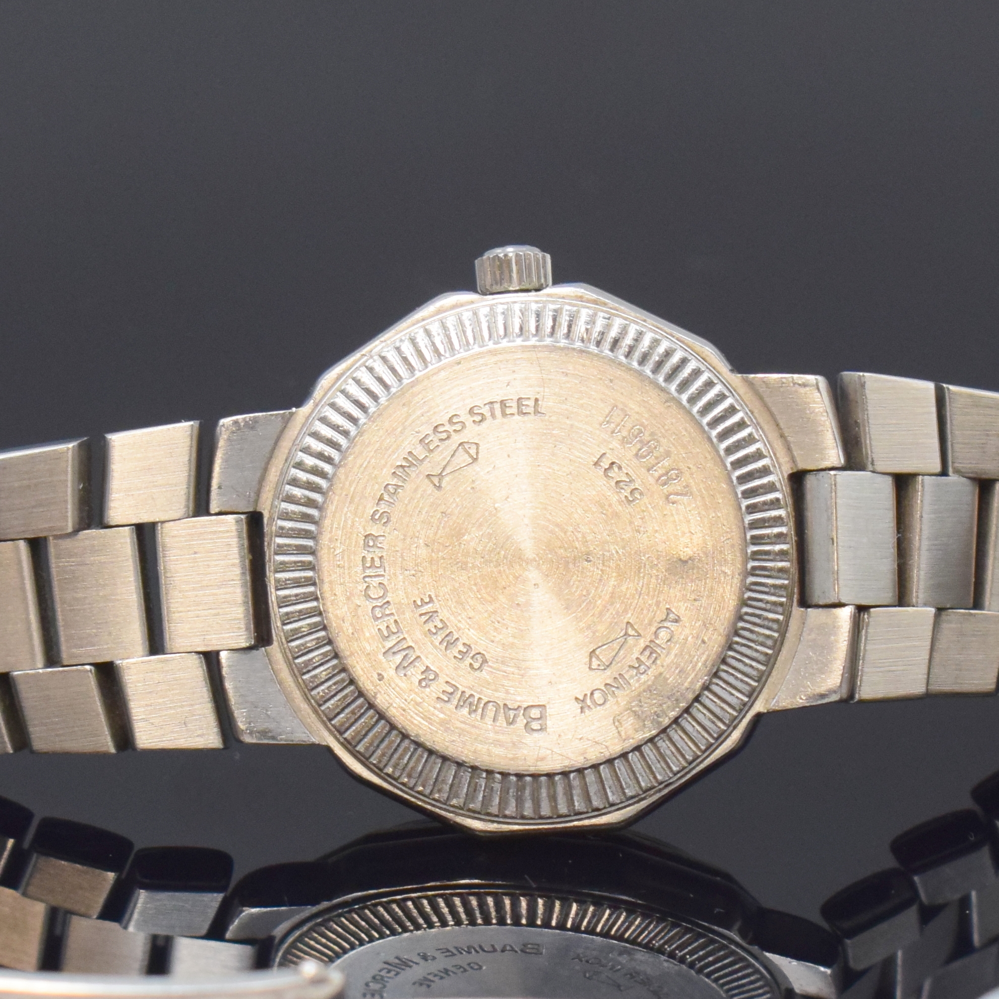 Detail c: BAUME & MERCIER Riviera Damenarmbanduhr in Stahl Referenz 5231, Schweiz um 1990, quarz, Gliederband m. Faltschl., Boden geschr., silb., guill. ...
