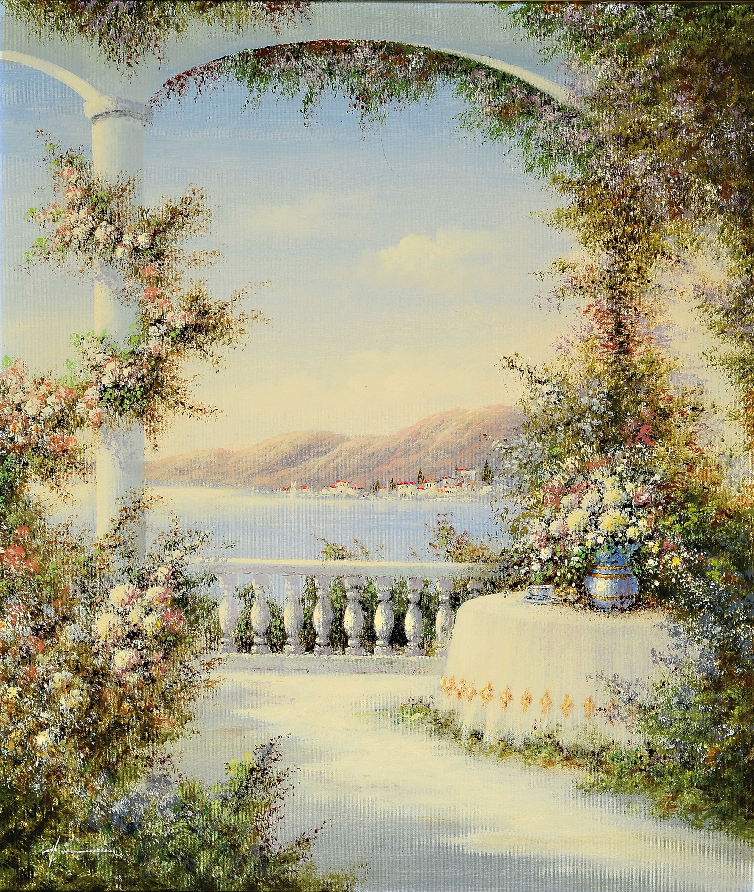 Madjid Rahnavardkar, 1943 Teheran - 2020, Ansicht einer südlichen Terrasse mit Blick auf die Küste, postimpressionistische Malweise, Öl/Lwd., li. ...
