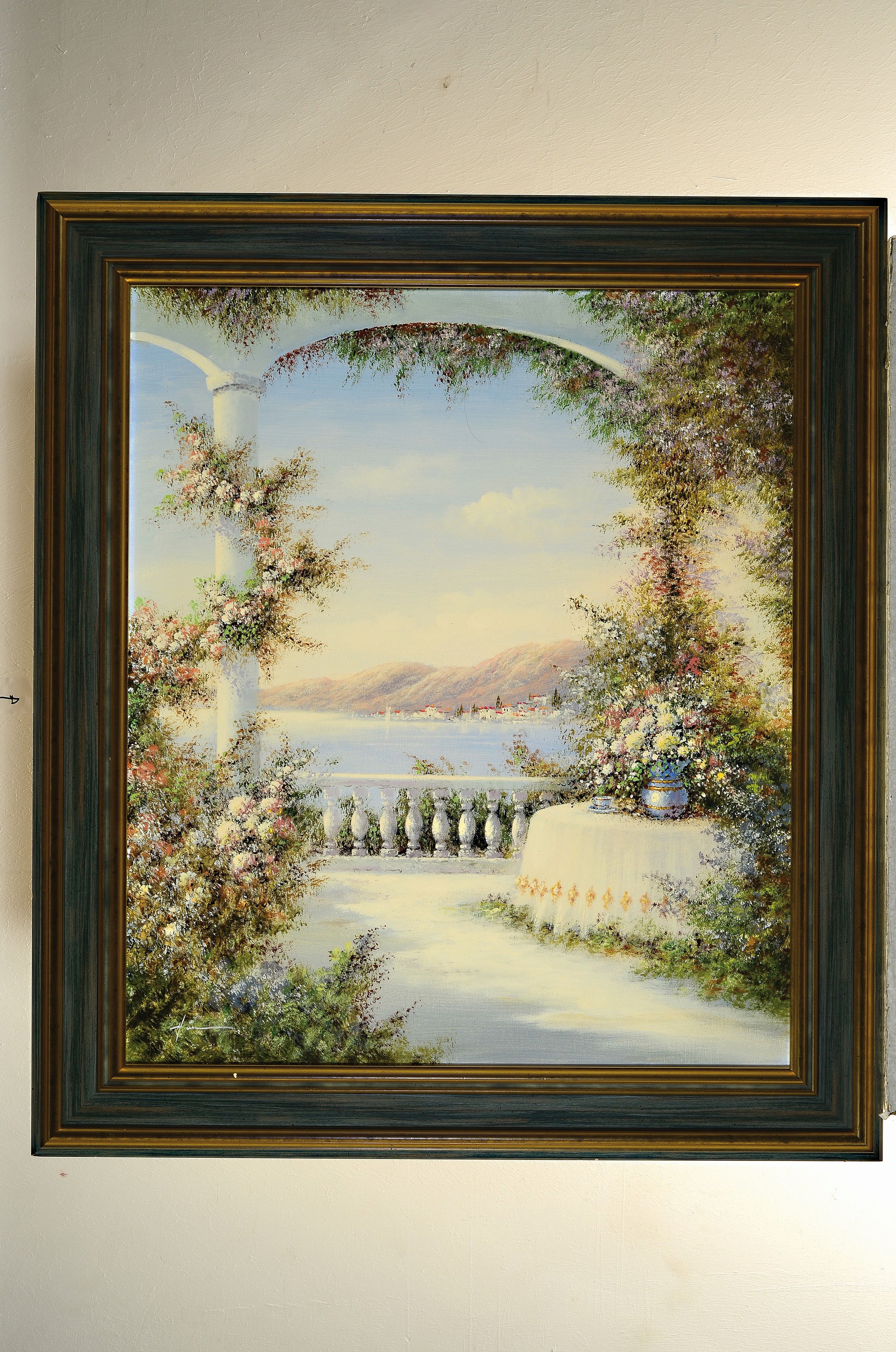 Detail k: Madjid Rahnavardkar, 1943 Teheran - 2020, Ansicht einer südlichen Terrasse mit Blick auf die Küste, postimpressionistische Malweise, Öl/Lwd., li. ...