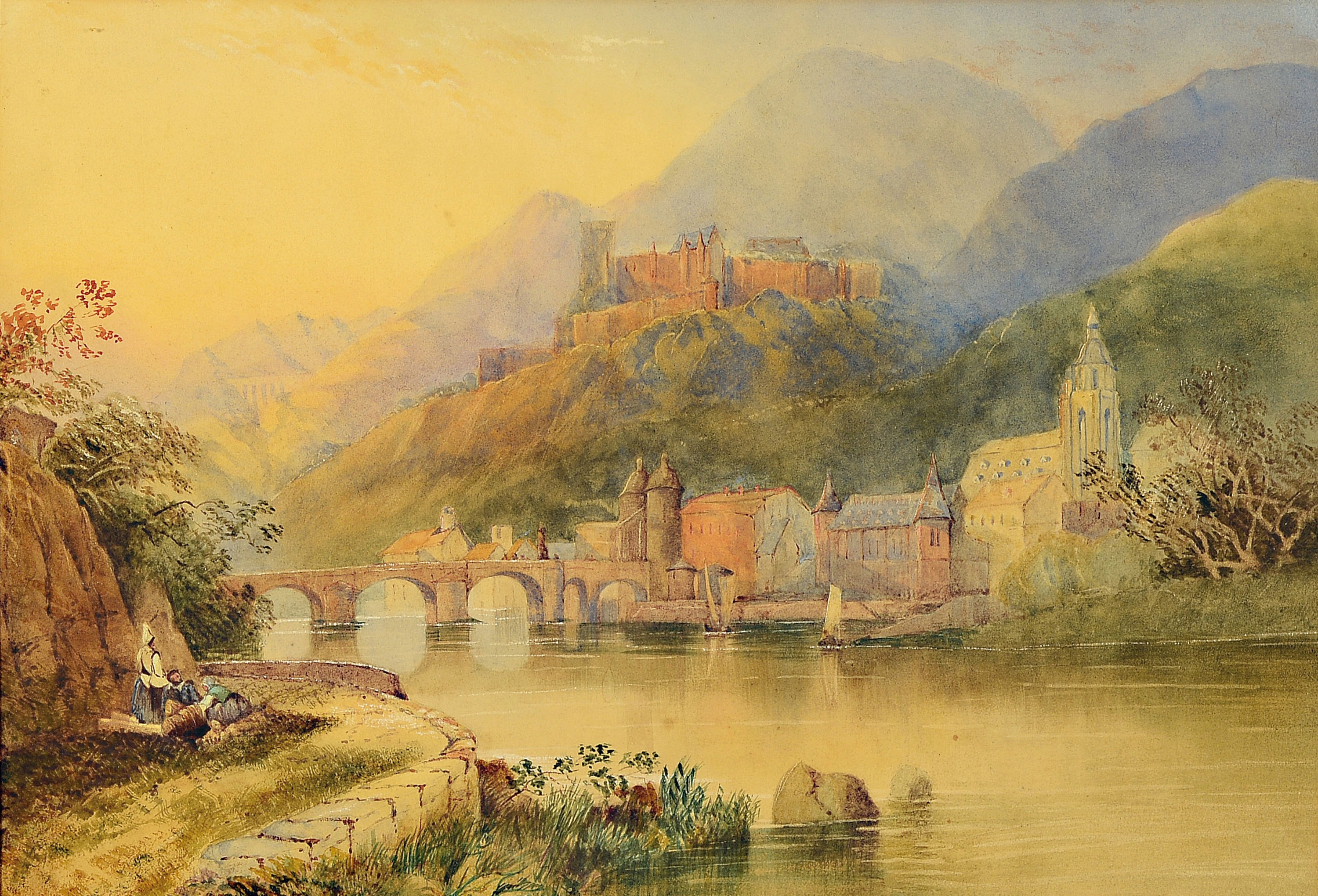 Unbekannter Aquarellist aus dem 19. Jh., Ansicht von Heidelberg mit Schloß und Neckar, li. rastende Personen am Ufer, leicht gebräunt, Aquarell auf ...