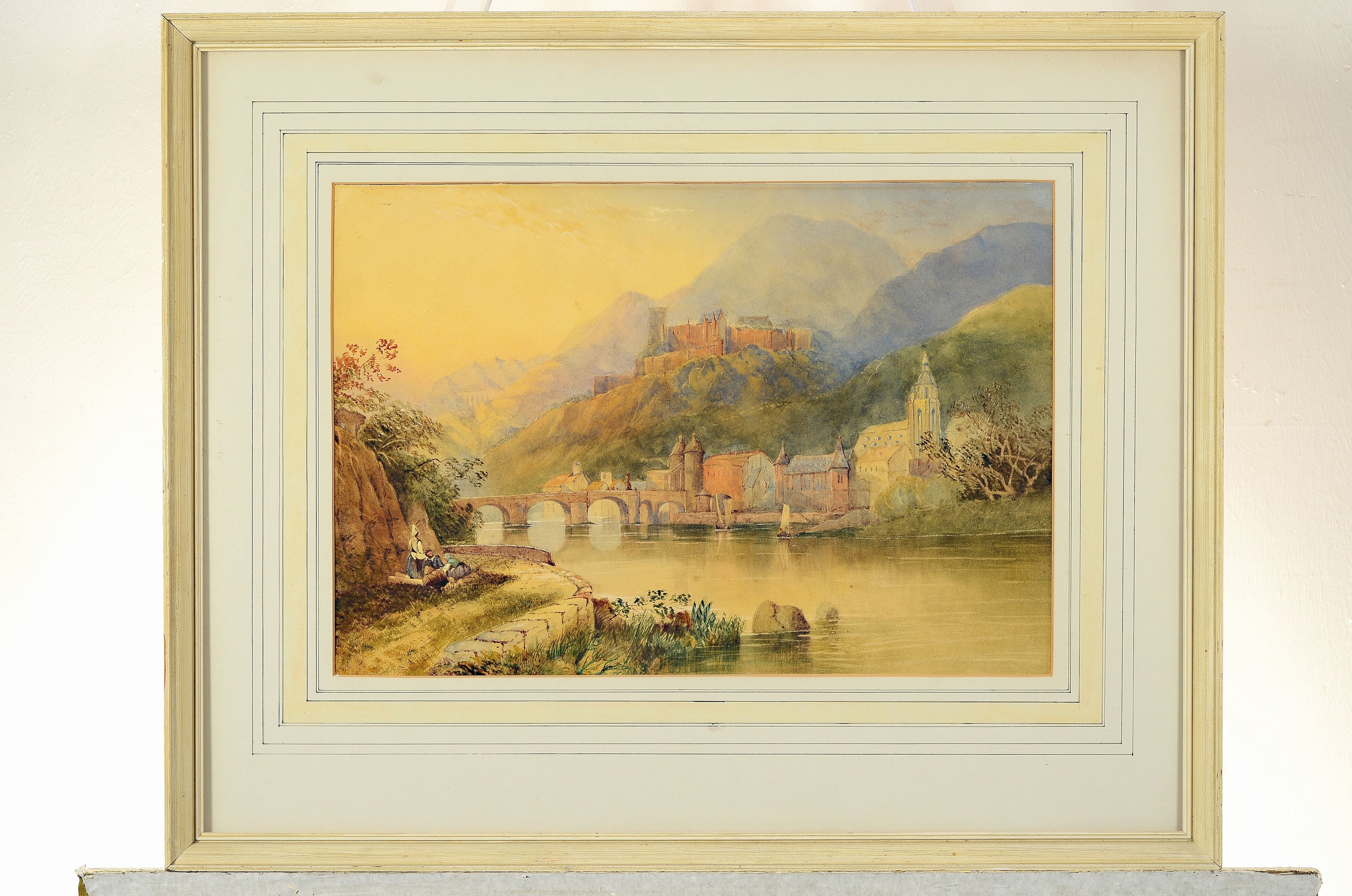 Detail k: Unbekannter Aquarellist aus dem 19. Jh., Ansicht von Heidelberg mit Schloß und Neckar, li. rastende Personen am Ufer, leicht gebräunt, Aquarell auf ...