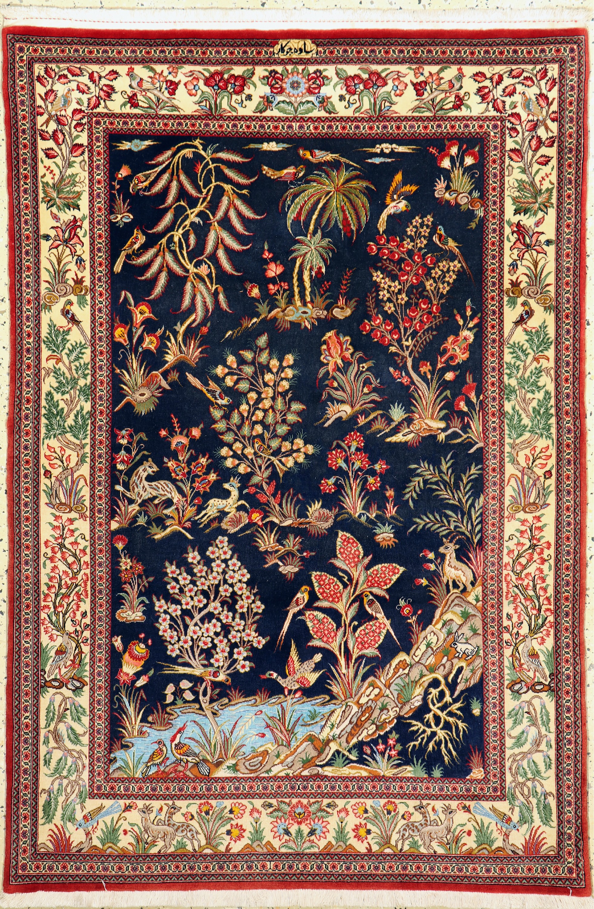 Saveh Kork fein, signiert, Persien, Ende 20.Jhd, Korkwolle auf Baumwolle, ca. 163 x 110cm, EHZ: 1-2