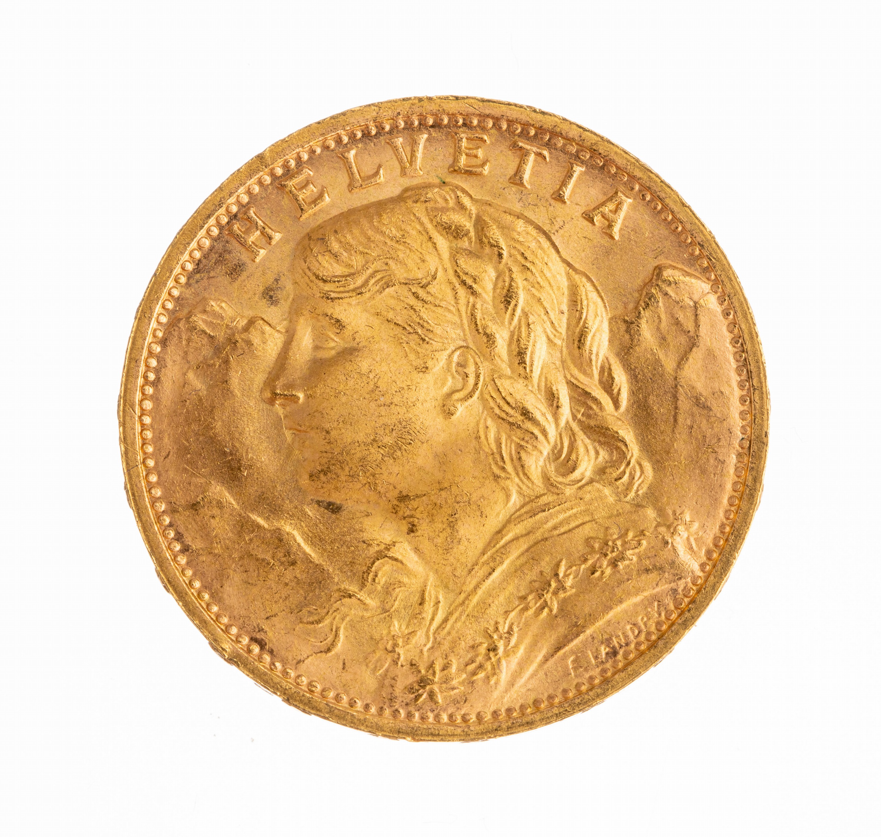 Goldmünze 20 Franken, Schweiz 1935, sogn. Vreneli, Helvetia, Prägemarke B