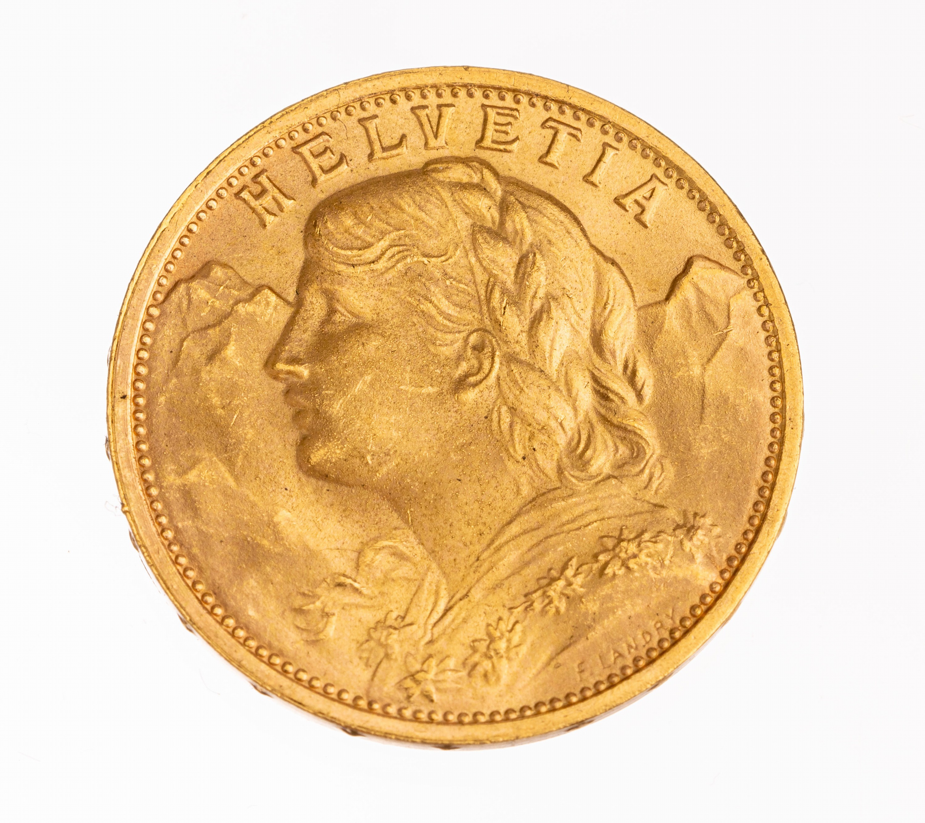 Goldmünze 20 Franken, Schweiz 1935, sogn. Vreneli, Helvetia, Prägemarke B