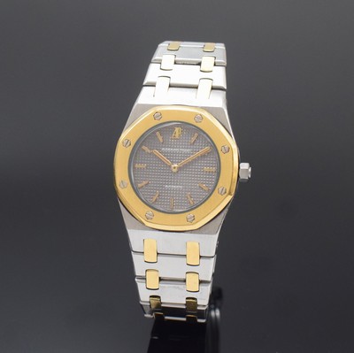 Image 26786417 - AUDEMARS PIGUET Royal Oak rare wristwatch reference 8638SA, self winding, B-series, Switzerland around 1980, stainless steel/gold combined including bracelet with deployant clasp, design Gerald Genta, tapestry dial with applied Baton-indices, Baton-hands, bezel 8 times screwed, display of hours and minutes, calibre 2062, 24 jewels, adjusted in 5 positions, diameter approx. 29 mm, length approx. 18 cm, Nutzsp due to age, 3 bracelet fastening screws has to be replaced, overhaul recommended at buyer's expense, condition 3-4