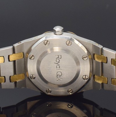 26786417d - AUDEMARS PIGUET Royal Oak rare wristwatch reference 8638SA, self winding, B-series, Switzerland around 1980, stainless steel/gold combined including bracelet with deployant clasp, design Gerald Genta, tapestry dial with applied Baton-indices, Baton-hands, bezel 8 times screwed, display of hours and minutes, calibre 2062, 24 jewels, adjusted in 5 positions, diameter approx. 29 mm, length approx. 18 cm, Nutzsp due to age, 3 bracelet fastening screws has to be replaced, overhaul recommended at buyer's expense, condition 3-4