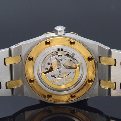 26786417e - AUDEMARS PIGUET Royal Oak rare wristwatch reference 8638SA, self winding, B-series, Switzerland around 1980, stainless steel/gold combined including bracelet with deployant clasp, design Gerald Genta, tapestry dial with applied Baton-indices, Baton-hands, bezel 8 times screwed, display of hours and minutes, calibre 2062, 24 jewels, adjusted in 5 positions, diameter approx. 29 mm, length approx. 18 cm, Nutzsp due to age, 3 bracelet fastening screws has to be replaced, overhaul recommended at buyer's expense, condition 3-4