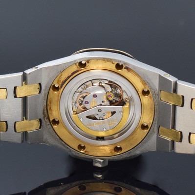26786417f - AUDEMARS PIGUET Royal Oak rare wristwatch reference 8638SA, self winding, B-series, Switzerland around 1980, stainless steel/gold combined including bracelet with deployant clasp, design Gerald Genta, tapestry dial with applied Baton-indices, Baton-hands, bezel 8 times screwed, display of hours and minutes, calibre 2062, 24 jewels, adjusted in 5 positions, diameter approx. 29 mm, length approx. 18 cm, Nutzsp due to age, 3 bracelet fastening screws has to be replaced, overhaul recommended at buyer's expense, condition 3-4