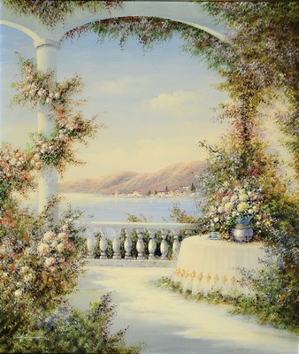 Image Madjid Rahnavardkar, 1943 Tehran - 2020, view of a southern terrace with a view of the coast, post-impressionist painting style, oil/canvas, left. & signed, approx. 70 x 60 cm, frame