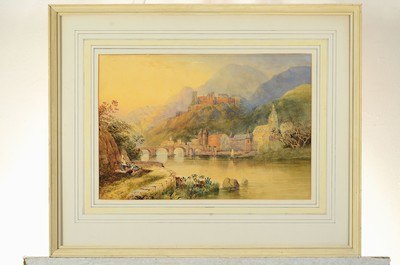 26786440k - Unknown watercolorist from the 19th century, view of Heidelberg with castle and Neckar, left. People resting on the bank, slightly browned, watercolor on paper, unsigned, approx. PP: 31 x 45 cm, under glass, frame approx. 53 x 66 cm